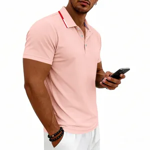 Men's Short Sleeve Polo Shirt Pink Casual Business Golf Top with Contrast Collar Design