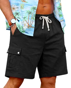 Men's casual black cargo shorts with elastic drawstring waist and multi-pockets for summer outdoor wear.