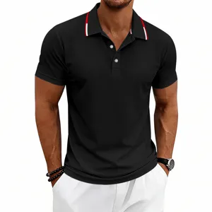 Close-up detail of mens black polo shirt collar with red and white stripe design trim.