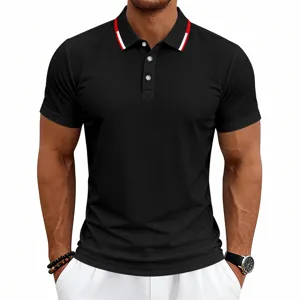 Men's short sleeve polo shirt with contrast collar trim, breathable casual golf top detail.