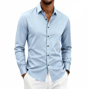 Men's long sleeve slim fit casual dress shirt classic button down light blue business top