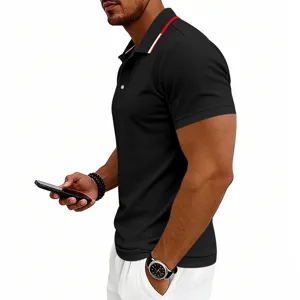Men's short sleeve polo shirt casual slim fit sport golf top with contrast color striped collar