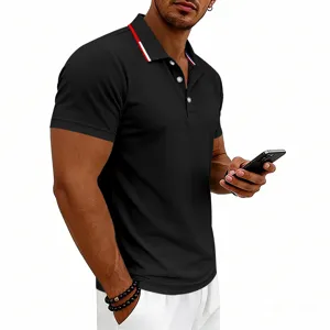Detailed view of men short sleeve polo shirt collar trim and button closure close up.