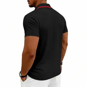 Back view detail of men's short sleeve black polo shirt with red collar trim design style.