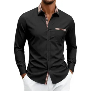 Zwart heren overhemd met lange mouwen en contrasterende ruitjes kraag voor casual zakelijk.