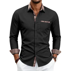 Heren shirt met lange mouwen en geruite contrasterende details op kraag en manchetten.