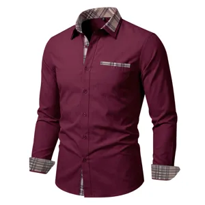 Heren lang mouw zakelijke casual overhemd ruit patchwork met borstzak bordeaux