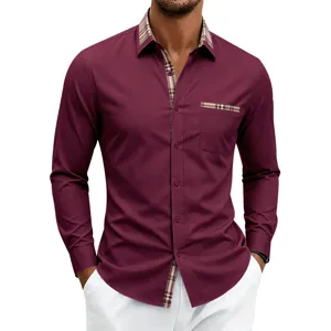 Heren lang mouw zakelijk casual contrast ruit overhemd in bordeaux hoofdweergave