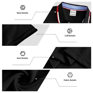 Men black polo shirt detail view showing premium fabric, collar, cuff, and hem design.