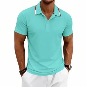 Turquoise short sleeve polo shirt detail featuring red and white contrast collar.