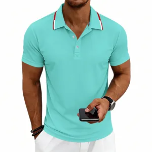 Men's short sleeve polo shirt detail, contrast color collar design, casual summer wear.