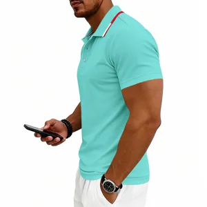 Men's casual short sleeve polo shirt detail view, breathable fabric, stylish striped collar.
