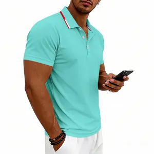 Men's short sleeve polo shirt casual business golf top with contrast color collar details.
