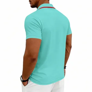 Men's short sleeve casual golf polo shirt back view, solid turquoise with red collar trim.