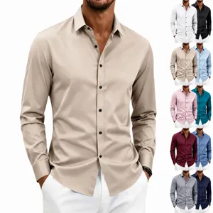 Men's Retro Solid Color Long Sleeve Shirt American Classic Business Casual Button Down Lapel Polyester Spandex Top