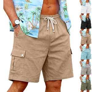 Mens Casual Cotton Linen Cargo Shorts Summer Loose Fit Outdoor Beach Breathable Multi Pocket Drawstring Short Pants