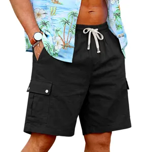 Men's casual cargo shorts summer loose beach cotton linen multi-pocket athletic trousers.