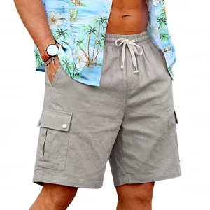 Men's casual linen cargo shorts, comfortable elastic waist beach shorts with multiple pockets.