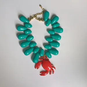 Collier de perles style vacances d'océan crabe rouge pour femmes, chaîne élégante turquoise