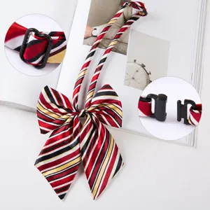 Striped bowtie detail showing adjustable buckle and size dimensions for formal work shirt.