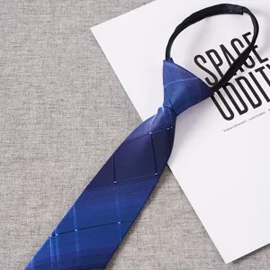 Detailed view of blue plaid zipper necktie, convenient lazy design for easy business wear.
