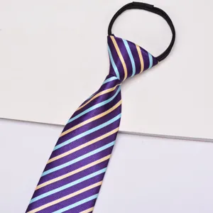 Detailed view of purple striped zipper necktie with blue and yellow accents for easy daily wear.