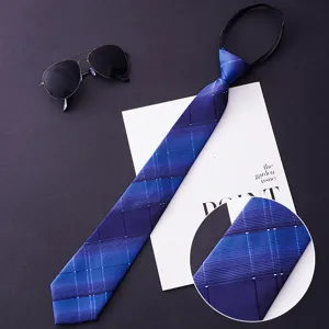 Blue plaid zipper tie detail shot, convenient easy pull necktie design closeup view