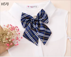 Professional uniform ribbon bow tie for women, blue plaid pre-tied necktie collar accessory.