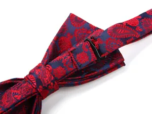 Close-up of men's red and blue paisley bow tie detail, featuring adjustable strap.