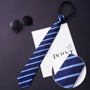 Men's blue striped zipper tie lazy necktie for business formal wear daily office suit.