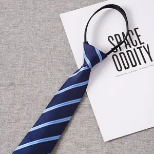 Detailed view of blue striped zipper tie, convenient lazy design for daily business wear.