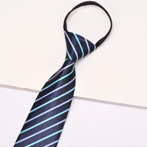 Men's blue striped zipper necktie pre-tied formal business neck wear fashion accessory