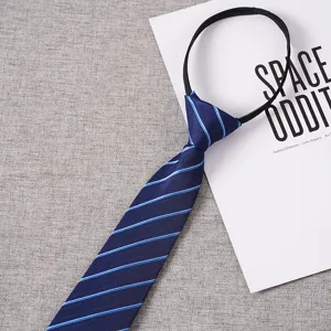 Men's blue striped zipper tie, easy lazy non-knot necktie for business and casual wear.