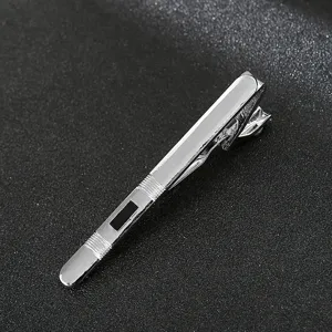 Silver metal tie clip detail view, classic business design for men suits and formal wear.