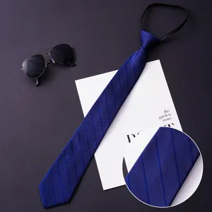 Detail view of the blue striped zipper necktie showing fine fabric texture and neat stitching.