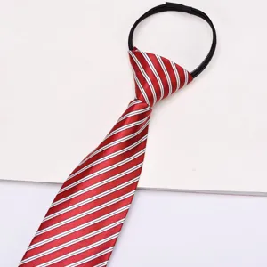 Red white striped pre-tied zipper tie detail view for men and women daily office wear.