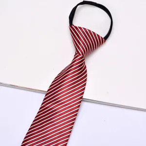 Close-up detail of red and white striped zipper tie, easy-wear pre-tied necktie for adults.