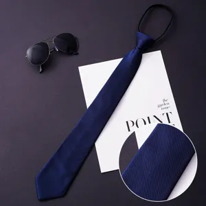 Men business zipper tie navy blue solid color lazy necktie formal suit accessory detail