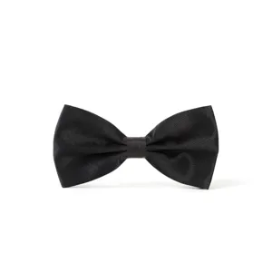Classic black bow tie for men, elegant satin material detail for formal suits and wedding wear.