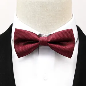 Gros plan detail de la texture du noeud papillon homme bordeaux rayé accessoire de mode formel.