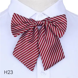 Vue détaillée d'un nœud papillon rayé rouge et blanc élégant, idéal pour les chemises de travail.