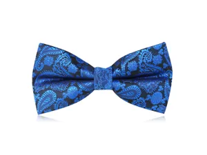 Blue paisley bow tie for men, elegant jacquard fabric formal wedding suit accessory.