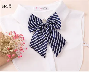 Professional striped bow tie collar accessory detail for women work uniform shirt decoration.