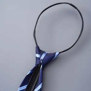 Blue striped zipper tie detail, convenient pre-tied necktie for business and formal work wear.