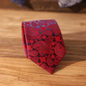 Men's formal burgundy paisley necktie, classic vintage style for business professional daily wear.