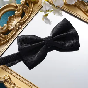 Detailaufnahme einer eleganten schwarzen strukturierten Fliege auf Goldspiegel.