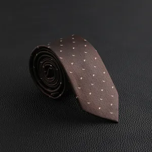 Close-up detail of a dark brown men's silk tie featuring elegant miniature paisley patterns.