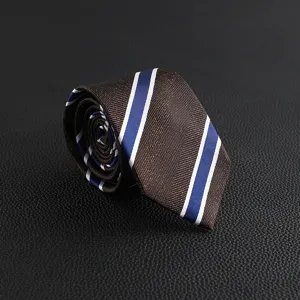 Men's stylish striped brown tie detail view, elegant business formal neckwear.