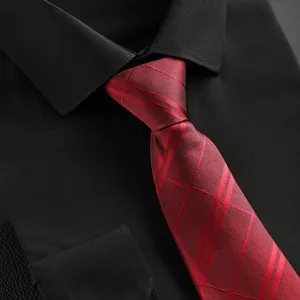 Classic red striped men's necktie paired with a black business shirt for formal occasions.