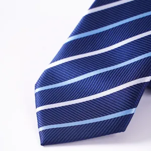 Cravatta classica da uomo a righe blu, perfetta per abito formale, matrimonio e ufficio.